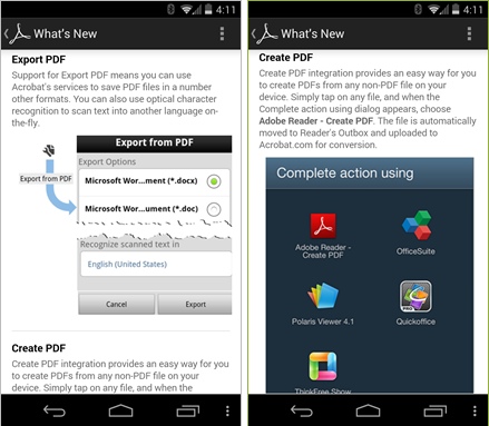 Программы для Android. Adobe Reader для Android обновился до версии 11.1. Новые опции экспорта и импорта PDF, улучшенный браузер файлов и пр