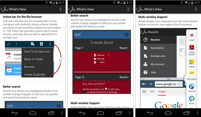 Программы для Android. Adobe Reader для Android обновился до версии 11.1. Новые опции экспорта и импорта PDF, улучшенный браузер файлов и пр