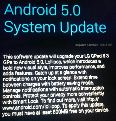 Android 5.0 Lollipop для планшетов LG G Pad 8.3 Google Play Edition выпущен (Скачать прошивку)