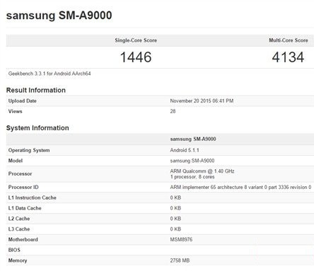 Samsung Galaxy A9 с процессором Qualcomm Snapdragon 620 на борту засветился в материалах сайта Geekbench