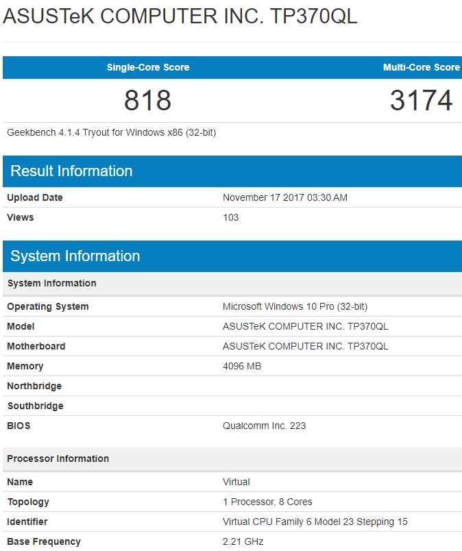 Ноутбук ASUS с процессором Qualcomm и операционной системой Windows на борту засветил свои характеристики в Geekbench