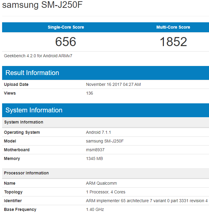 Samsung Galaxy J2 Pro (2017) замечен на сайте Geekbench