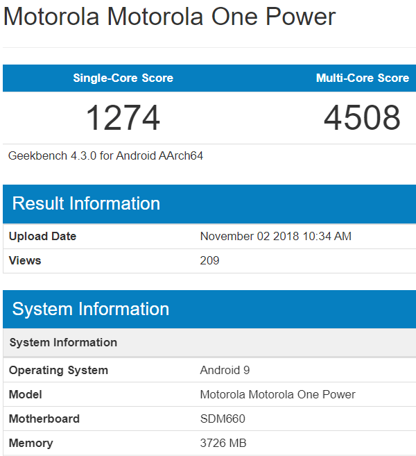 Motorola One Power работающий под управлением операционной системы Android 9 Pie засветился в Geekbench