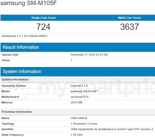 Samsung Galaxy M10 засветил в тесте Geekbench свой процессор Exynos 7870 и 3 ГБ оперативной памяти