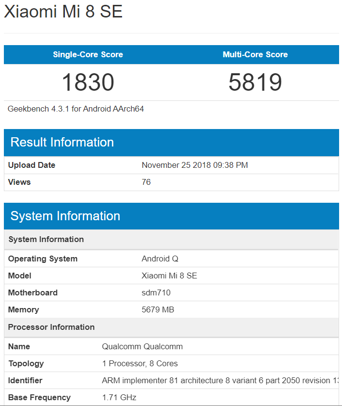 Xiaomi Mi 8 SE с будущей операционной системой Android Q на борту засветился в Geekbench
