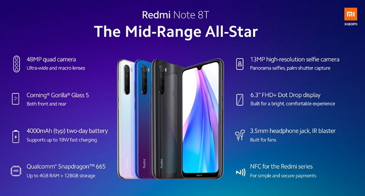 Redmi Note 8T. Смартфон среднего уровня с процессором Snapdragon 665, 48-Мп камерой и NFC модулем за 180 евро и выше