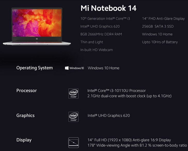 Mi Notebook 14. Ноутбук Xiaomi на базе процессора Intel Core i3-10110U с 8 ГБ оперативной памяти и 256-ГБ SSD накопителем за $471