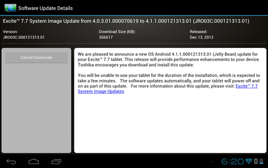 Обновление Android 4.1.1 Jelly Bean для планшета Toshiba Excite 7.7 