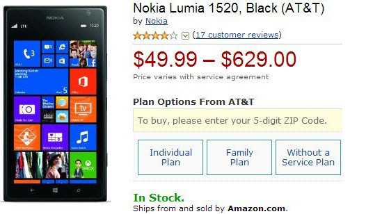 Купить шестидюймовый Windows Phone фаблет Nokia Lumia 1520 на Amazon.com можно всего за за $49.99
