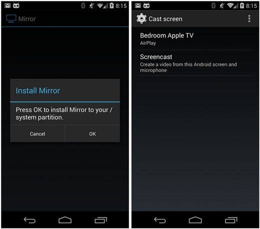 Программы для Anroid. Mirror от Koushik Dutta позволяет транслировать видео через Airplay и записывать скринкасты на устройствах с Android 4.4.2
