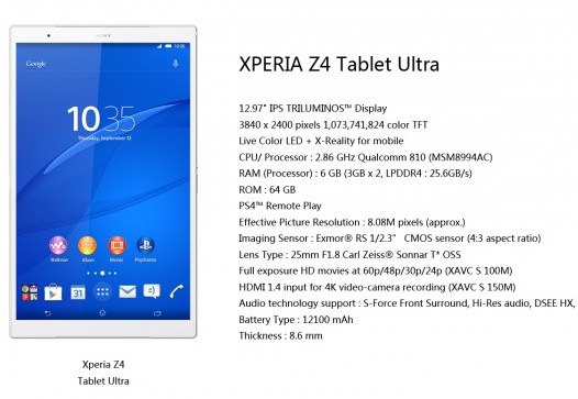 Sony Xperia Z4 Tablet Ultra. 13-дюймовый планшет Android планшет премиум-класса с 6 ГБ оперативной памяти готовится к выпуску