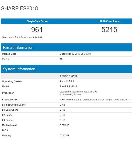 Sharp FS8018: смартфон с процессором Qualcomm Snapdragon 630 и 6 ГБ оперативной памяти на походе