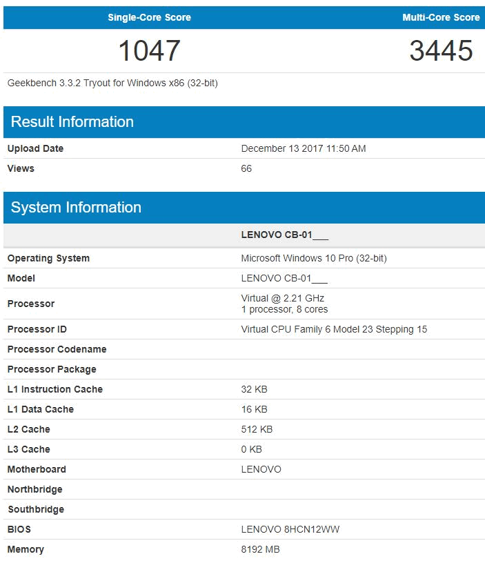 Ноутбук Lenovo с процессором Snapdragon 835 и операционной системой Windows 10 на борту в утечке Geekbench