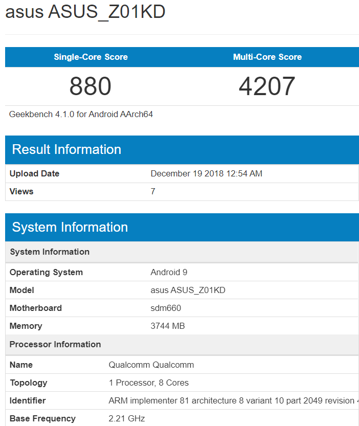 ASUS Zenfone 4 с операционной системой Android 9 Pie замечен в Geekbench. Обновление уже на подходе?