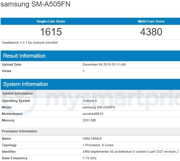 Samsung Galaxy A50 с процессором Exynos 9610 и 4 ГБ оперативной памяти засветился в Geekbench