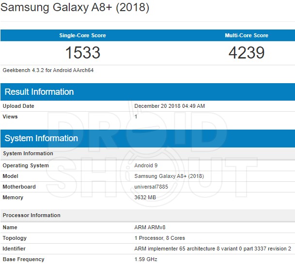 Samsung Galaxy A8+ (2018) с операционной системой Android 9.0 Pie засветился на сайте Geekbench