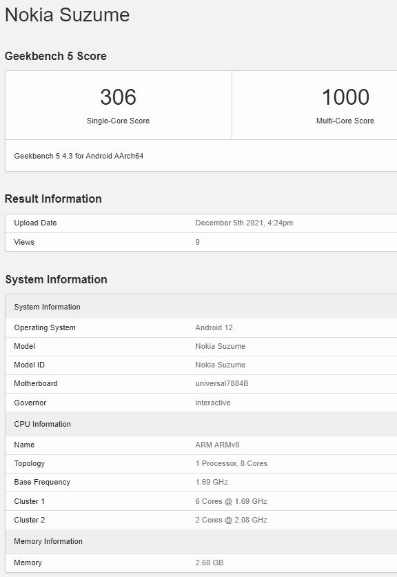 Nokia Suzume. Недорогой смартфон с процессором Samsung Exynos 7884B и операционной системой Android 12 на борту засветился на сайте теста Geekbench